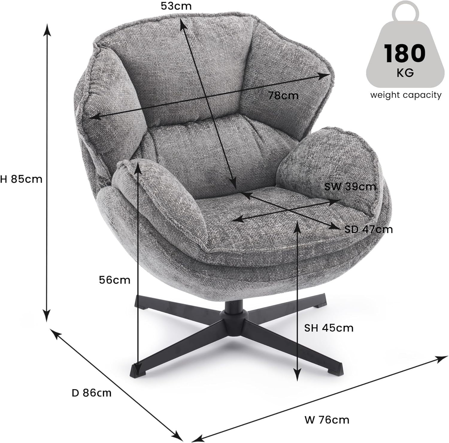 Luxury Swivel Armchair Grey Fabric Accent Chair for Lounge Bedroom Office