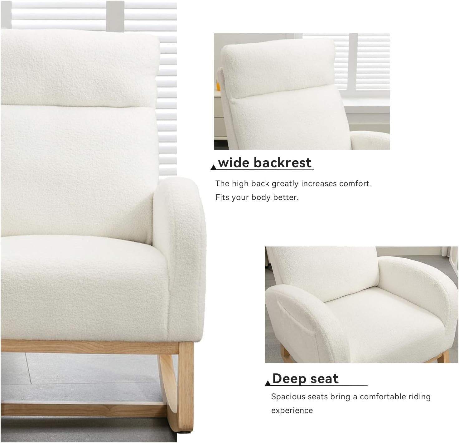 Comfy Rocking Chair for Adults Nursery Bouclé Glider w/ Wood Base Ivory