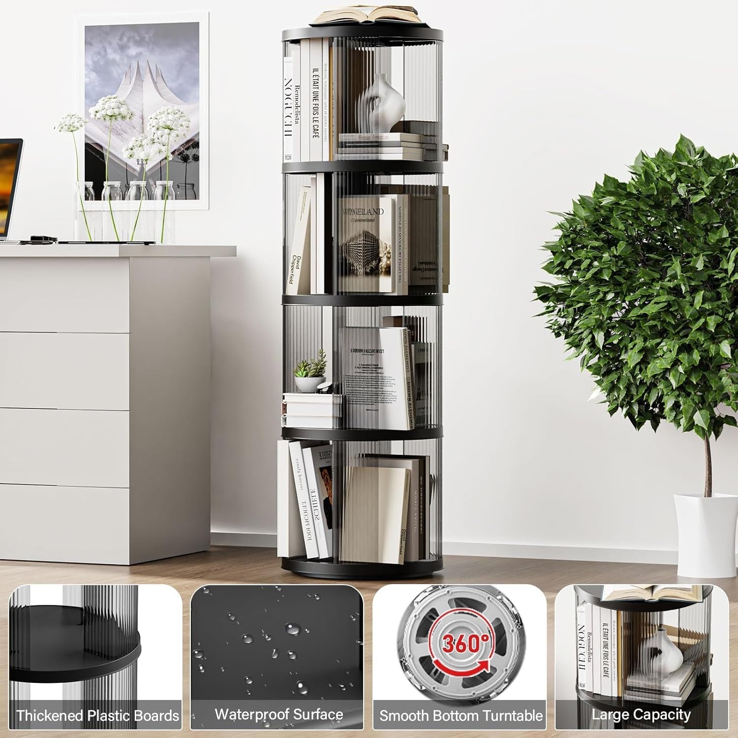 360° Rotating Round Plastic Bookshelf 4-Tier Space-Saving Floor Shelf