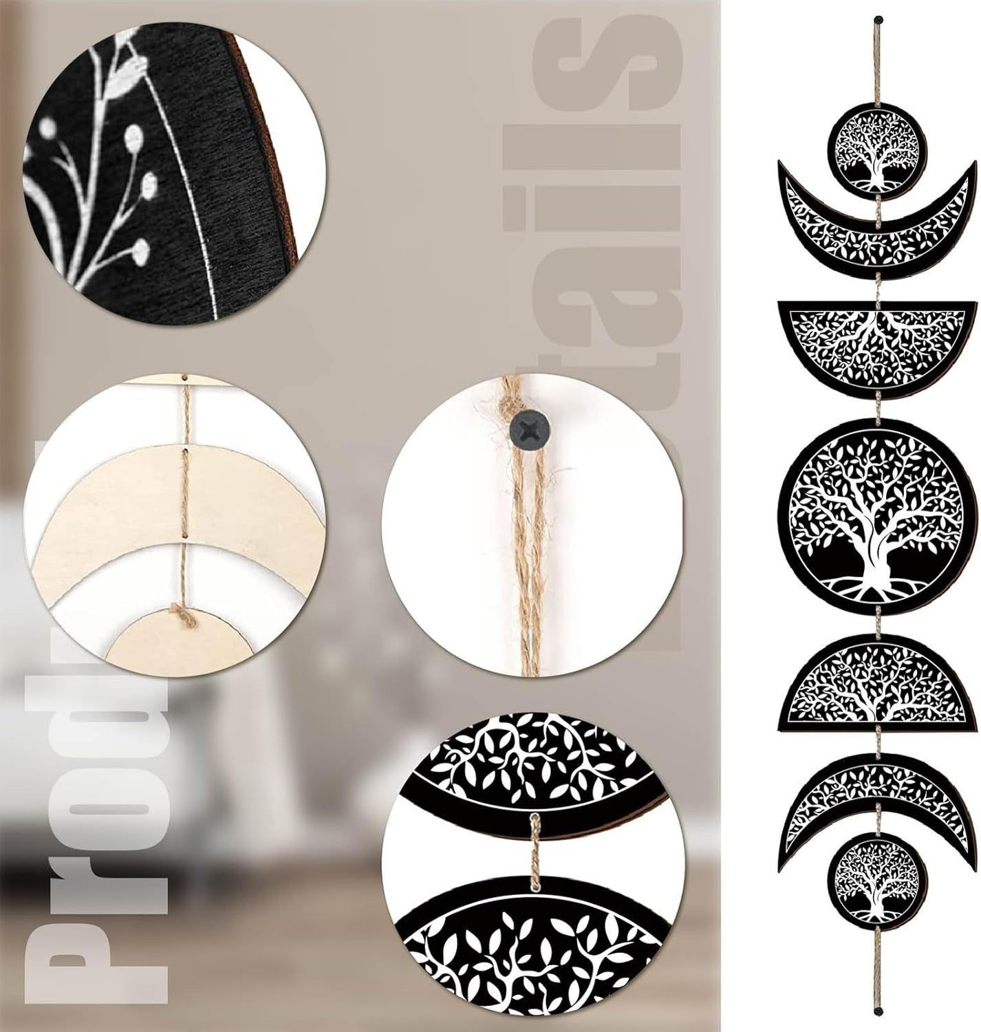 Moon Phase Wall Decor Wooden Boho Hanging Nordic Gothic Art