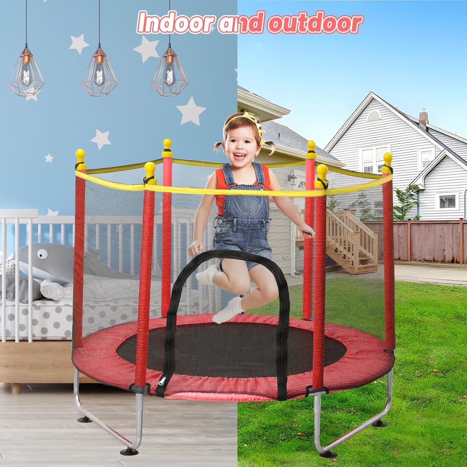 Children’s Indoor Outdoor Trampoline with Safety Net & Basketball Hoop 55in