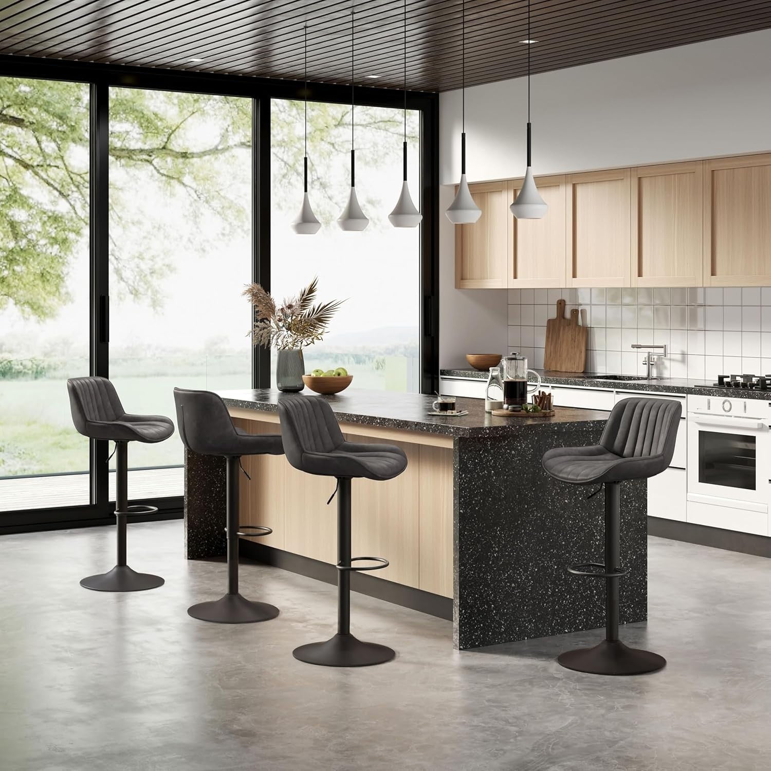 Adjustable Bar Stools 4pcs PU Leather Swivel Chairs Height Kitchen Counter