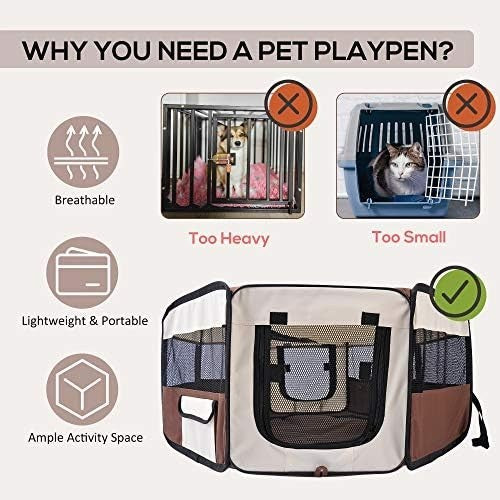 Foldable Pet Playpen with Carry Bag, Portable Puppy Tent Indoor Outdoor Brown