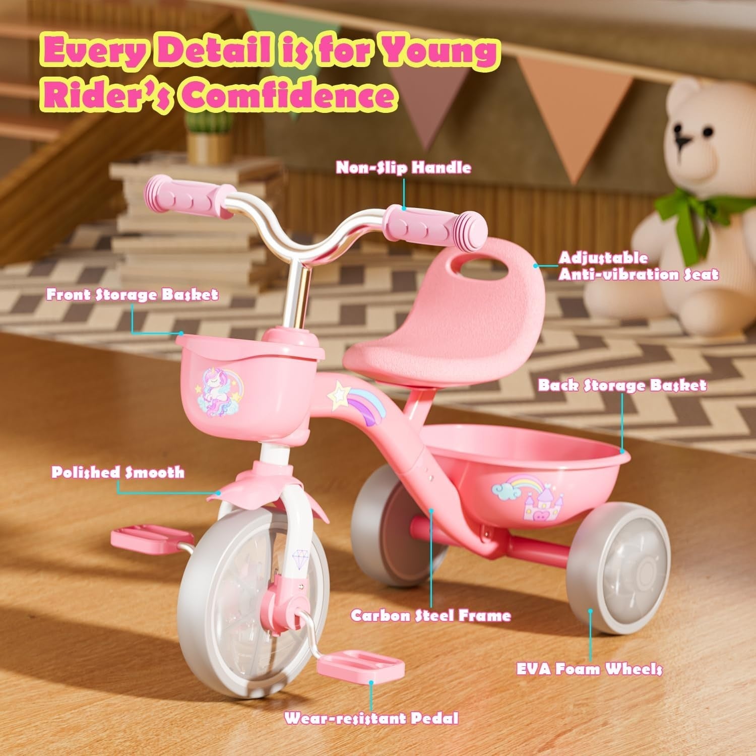 Unicorn Tricycle LED Light Wheels Kids Balance Bike Girls Age 2-5 Years