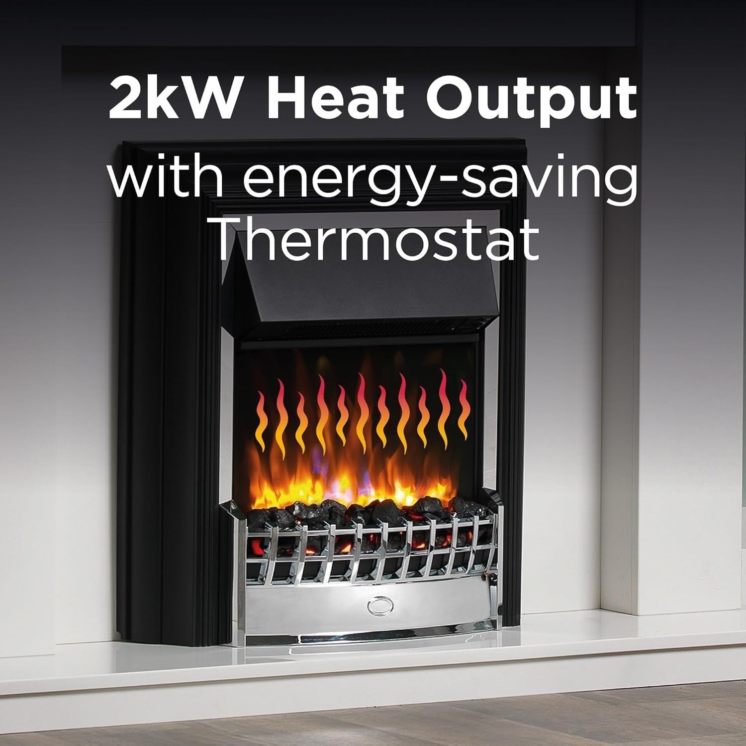 Freestanding Electric Fireplace with LED Flame, 2kW Heater & Chrome Trim
