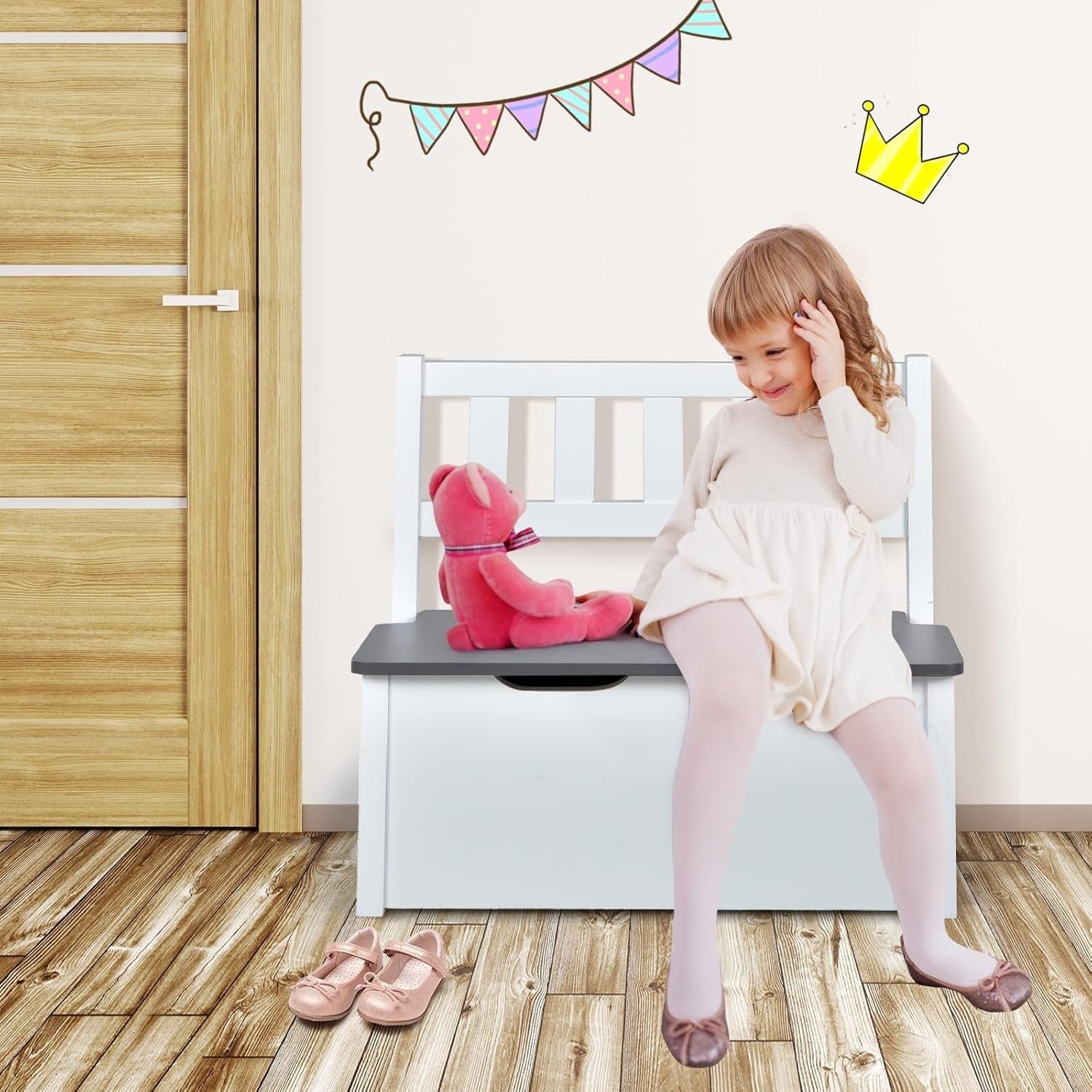 Kids Table Chair Set with Storage Bench 4pc Furniture Grey Playroom Desk
