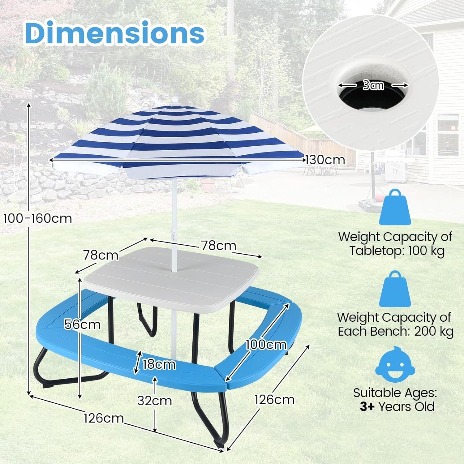 Kids Picnic Table Set 8-Seater with Adjustable Umbrella, Outdoor Garden Fun