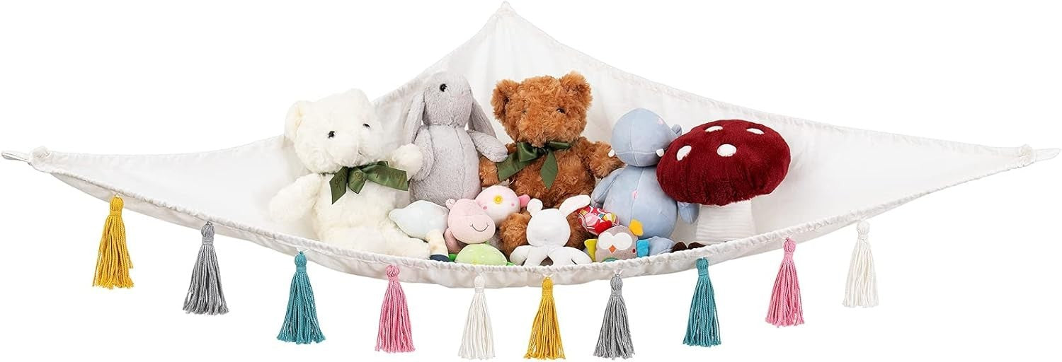 Large Toy Hammock with Tassels – Corner Stuffed Animal Storage Net for Kids Room