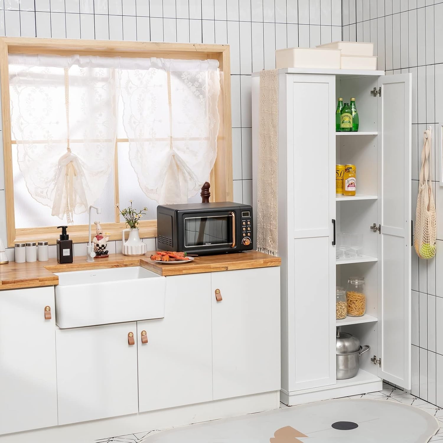 White Tall Wooden Storage Cabinet with Adjustable Shelves & Double Doors