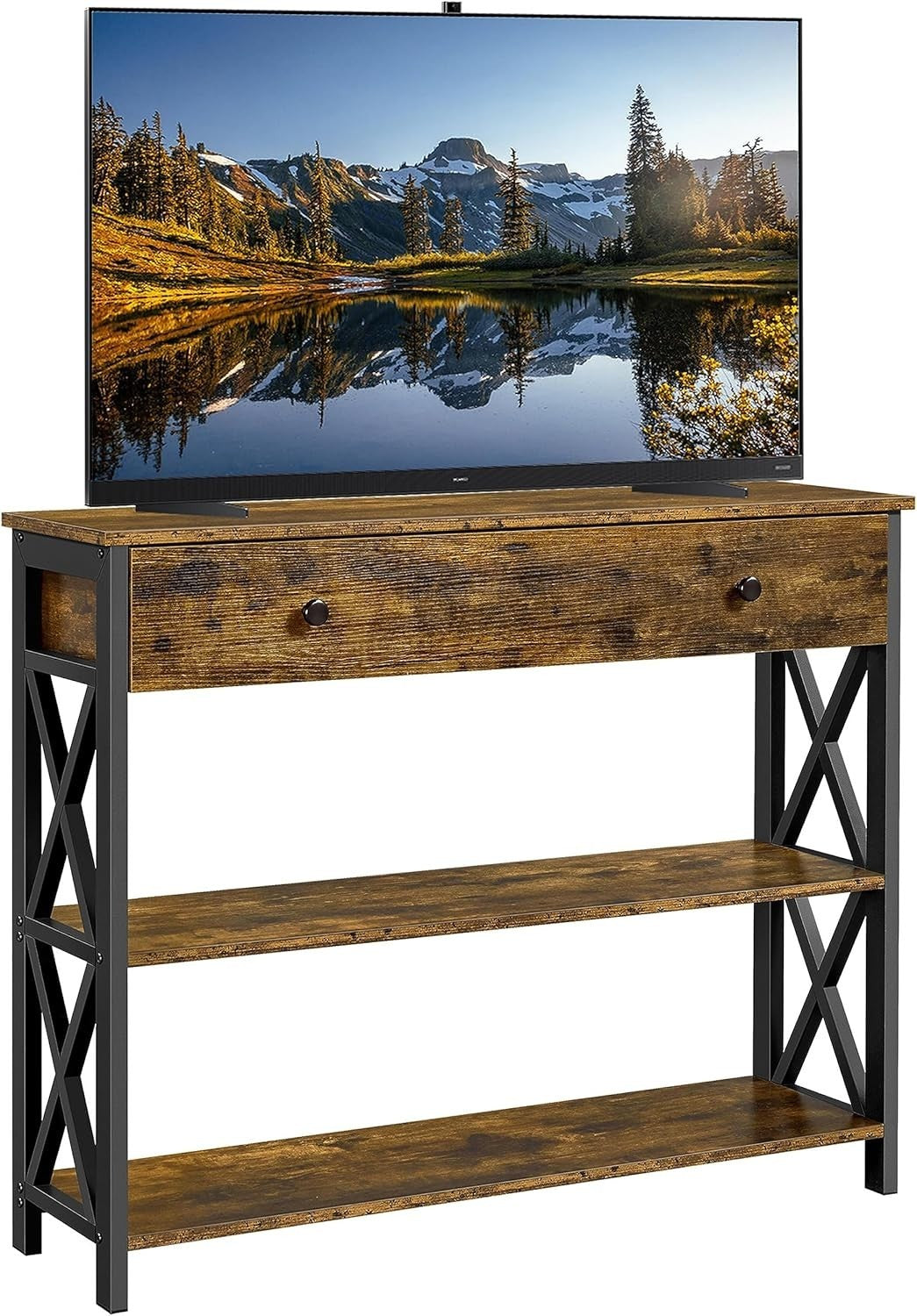 Rustic Console Table with Drawer & 2 Shelves, Sturdy Metal Frame, 100x29.5x81cm