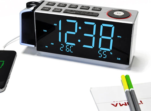 Projection Alarm Clock FM Radio Bluetooth Dual Alarm USB Charging Bedside