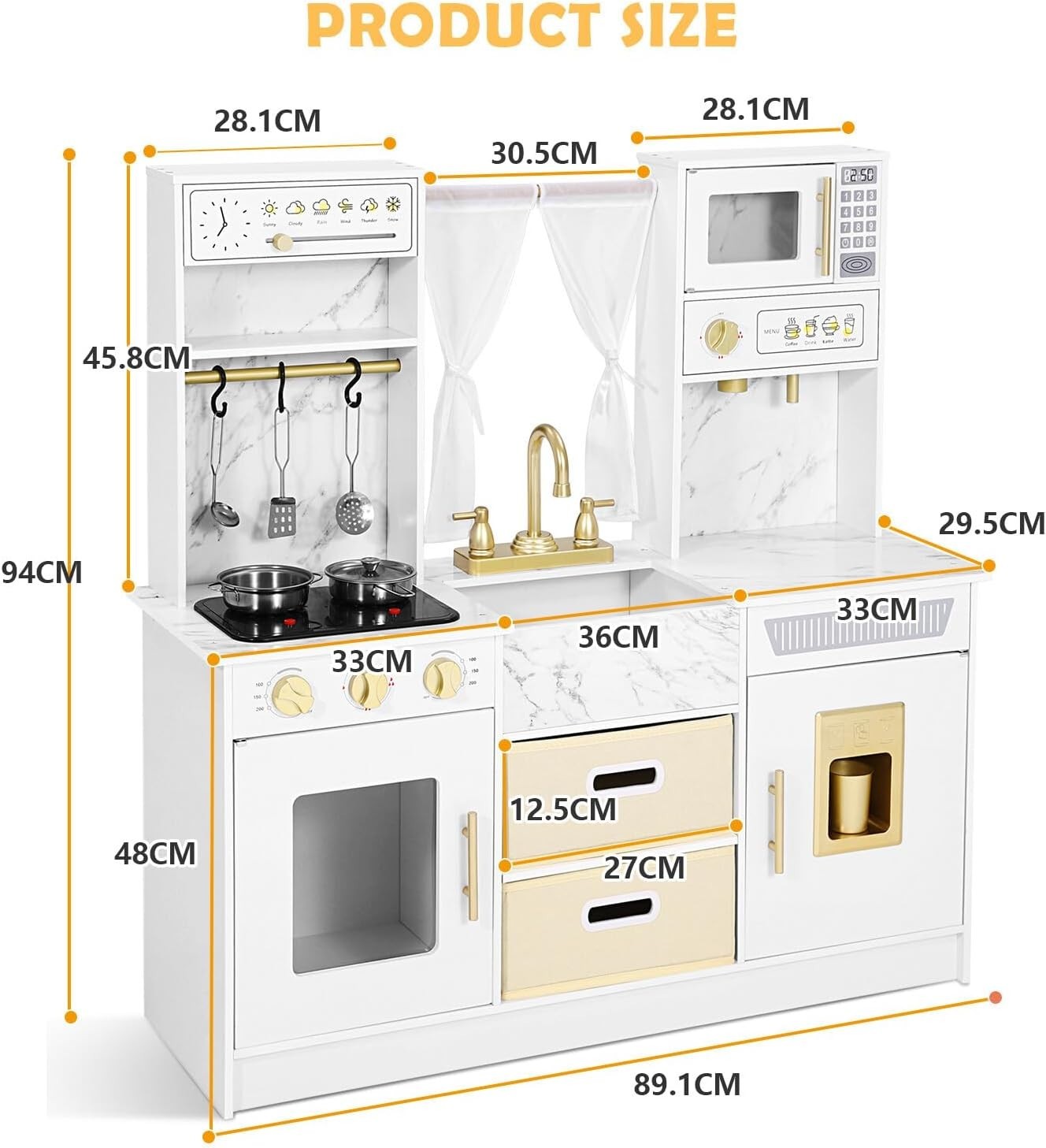 Large Wooden Kids Play Kitchen White Lights Sounds Toy Kitchen Set