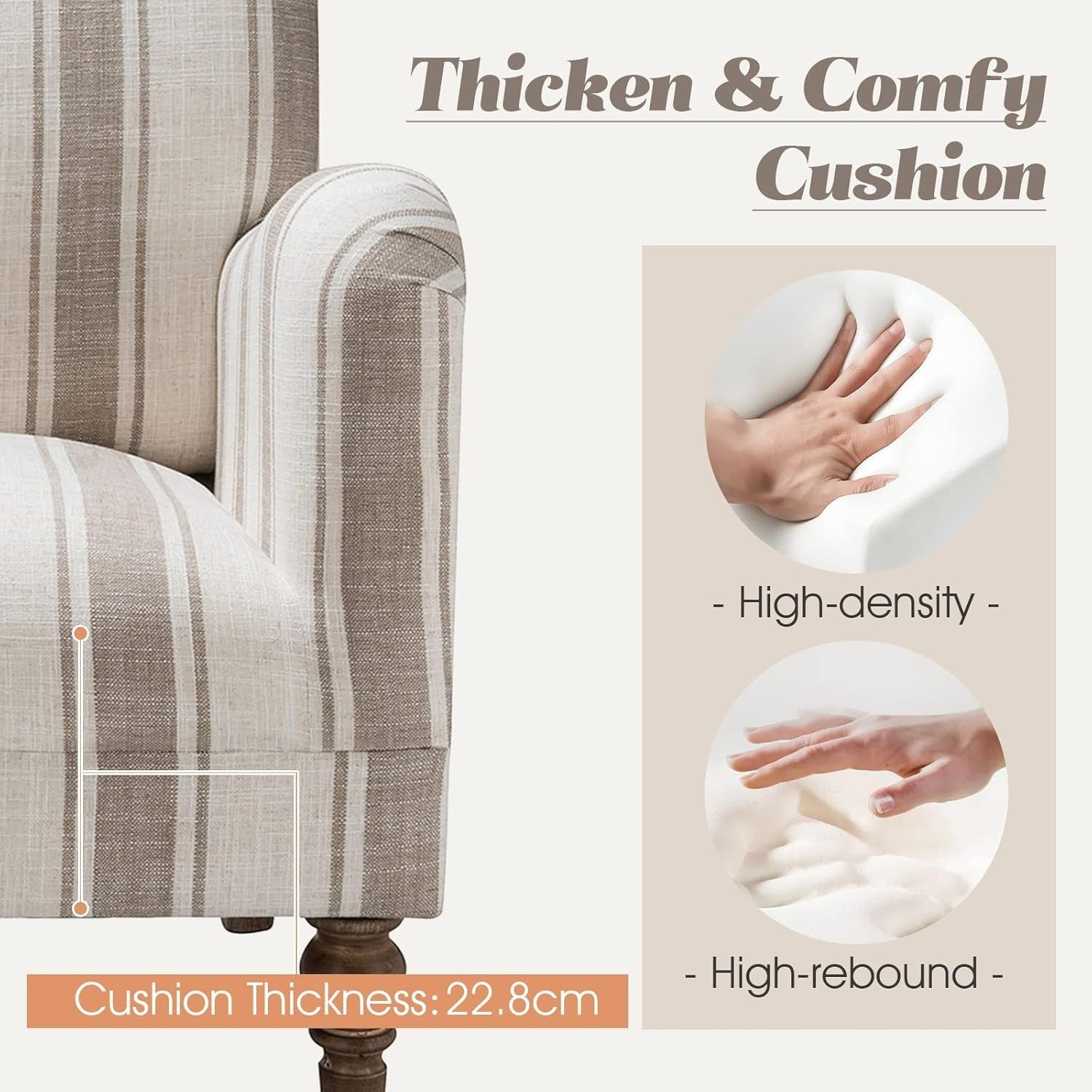 Set of 2 Striped Upholstered Armchair with Wooden Legs for Lounge or Bedroom Tan
