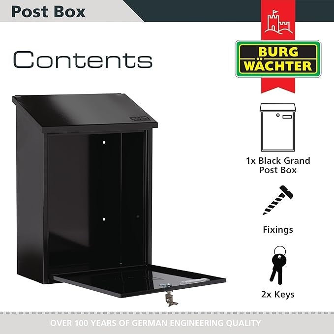 Lockable Wall Mounted Post Box Black Steel Weatherproof Mailbox 45x33x15cm