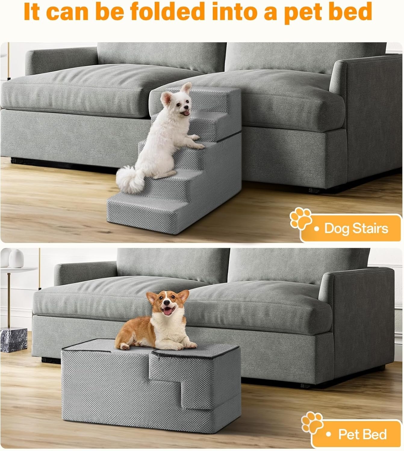 Grey 5 Step Dog Stairs Foldable Foam Pet Ramp 76x38x57cm