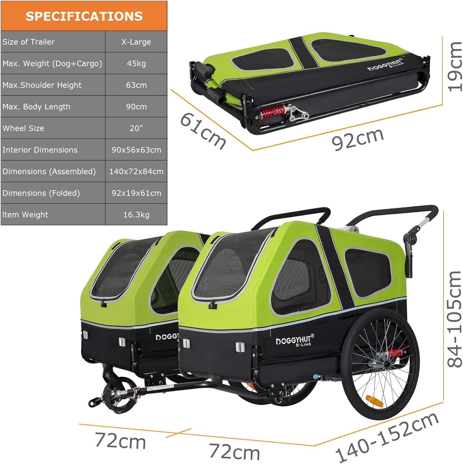 Dog Bike Trailer Stroller 45kg Folding Suspension Cart Green Black with Brakes
