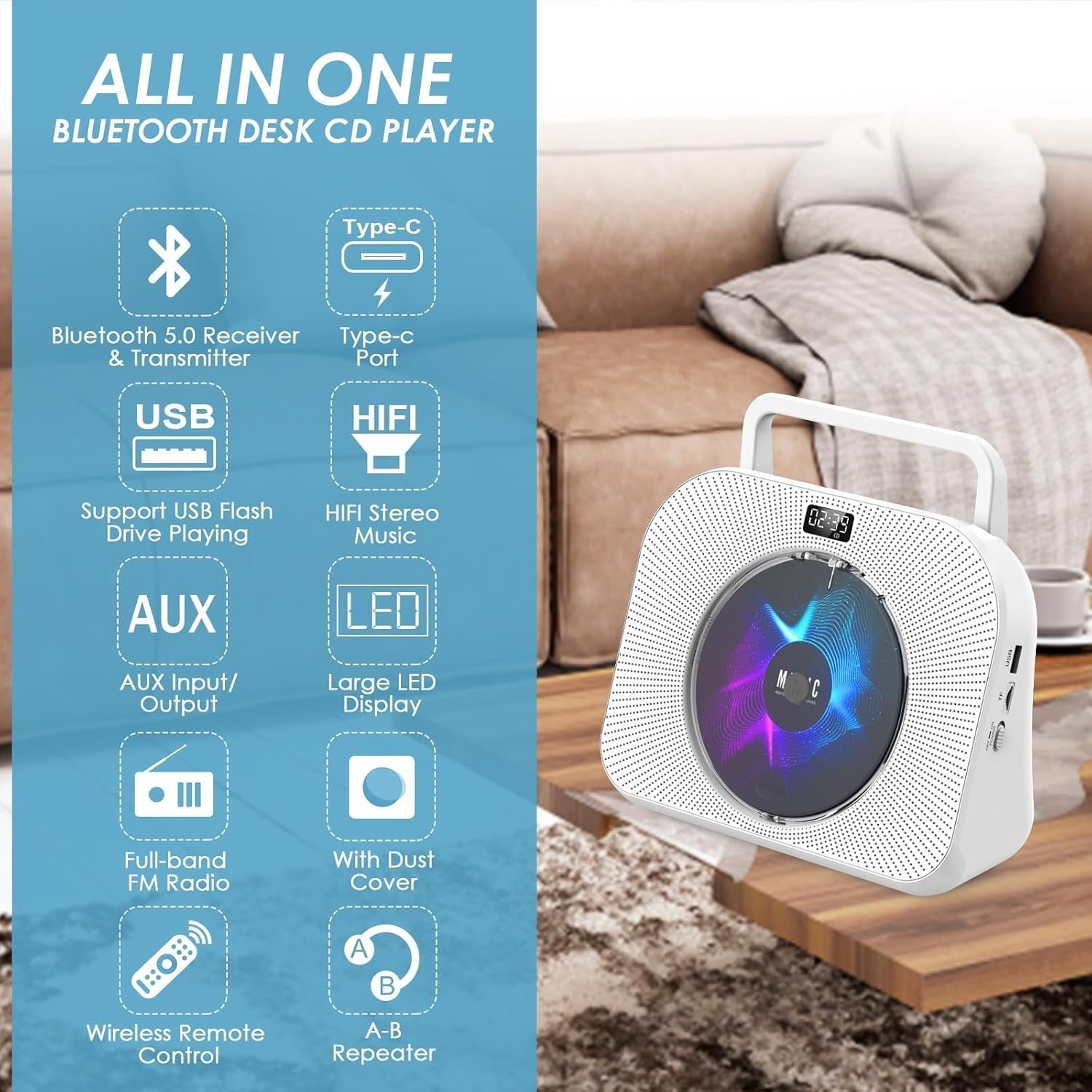 Bluetooth CD Player FM Radio USB TF AUX Sleep Timer Remote White