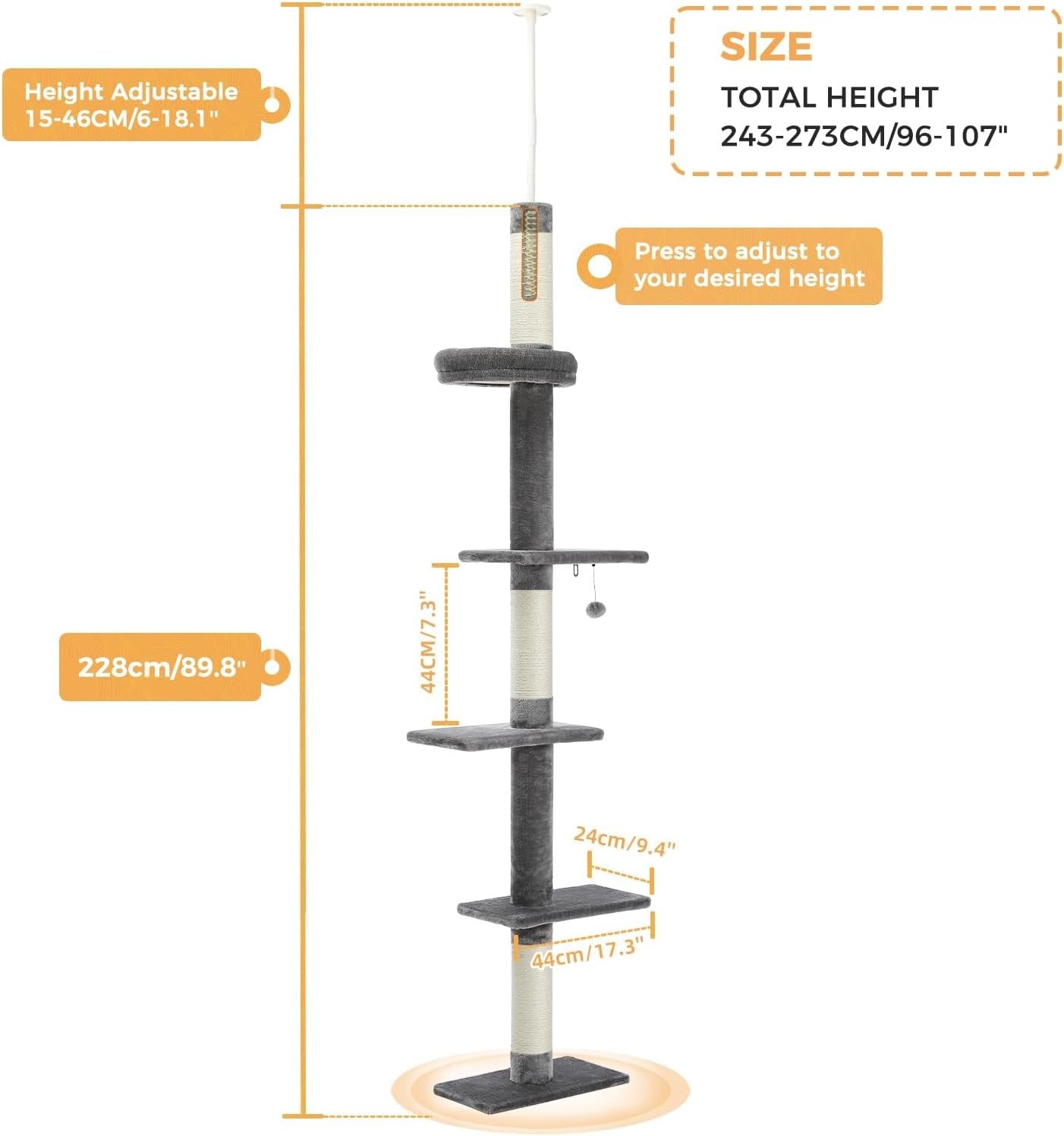 Floor to Ceiling Cat Tree Tower Adjustable 243–273cm 5 Tier Scratching