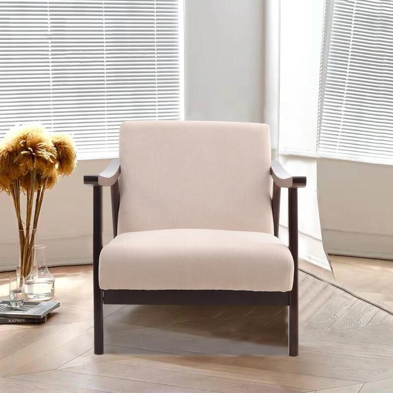 Mid-Century Beige Fabric Armchair Wooden Frame Accent Lounge Chair