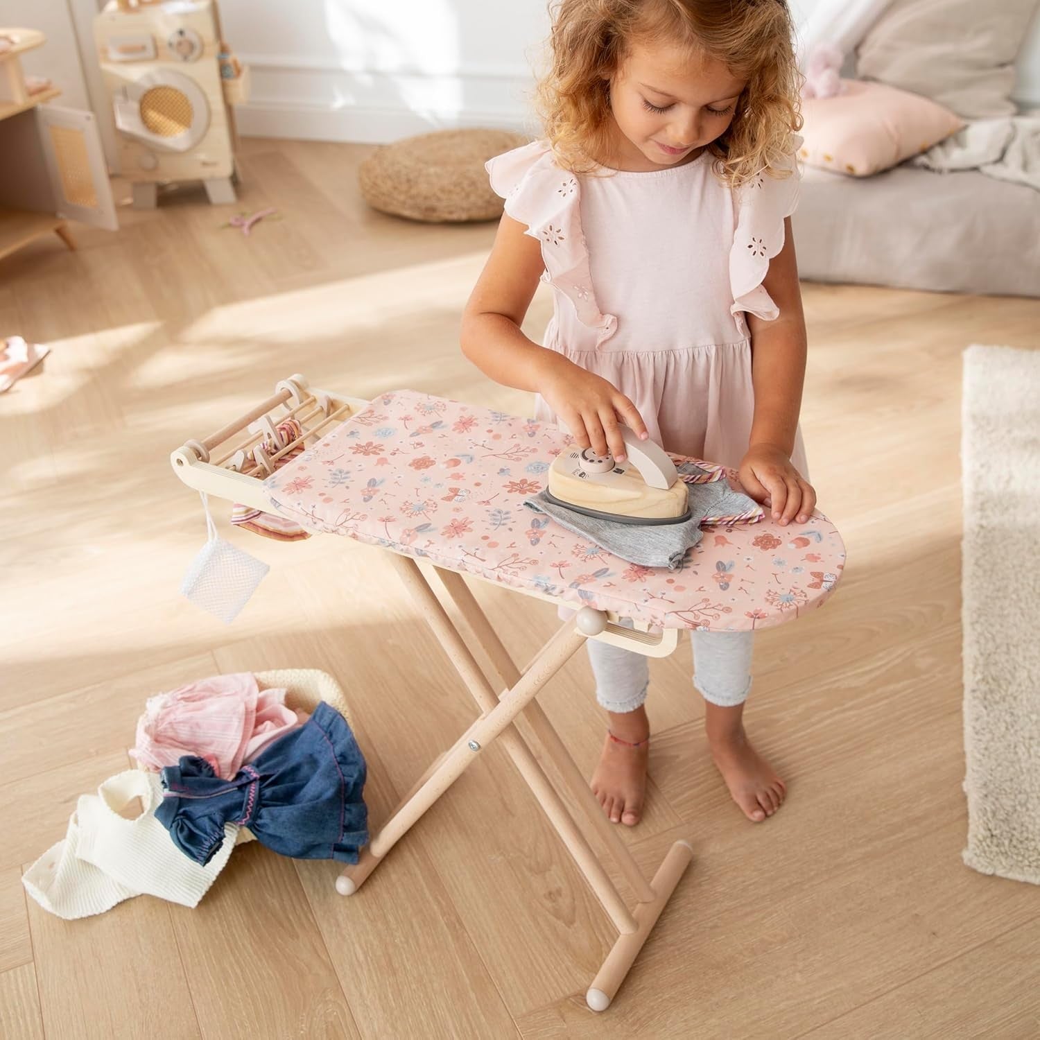 Kids Wooden Ironing Board Play Set Height Adjustable Foldable Toy with Iron