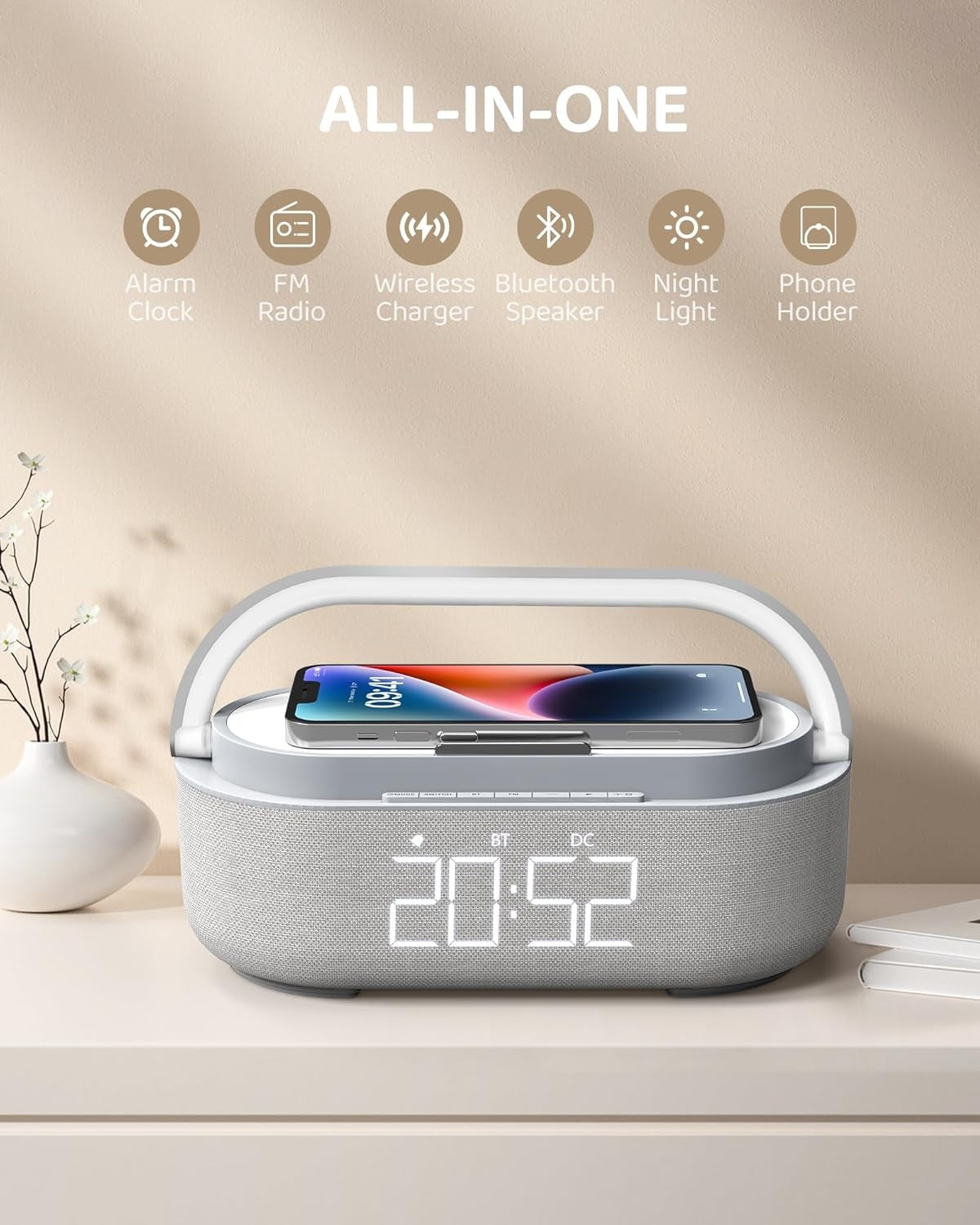 Bluetooth Alarm Clock Wireless Charger Speaker FM Radio Loud