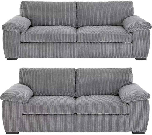 3+2 Grey Jumbo Cord Sofa Set Deep Seats Ultra Soft Cushions Comfort