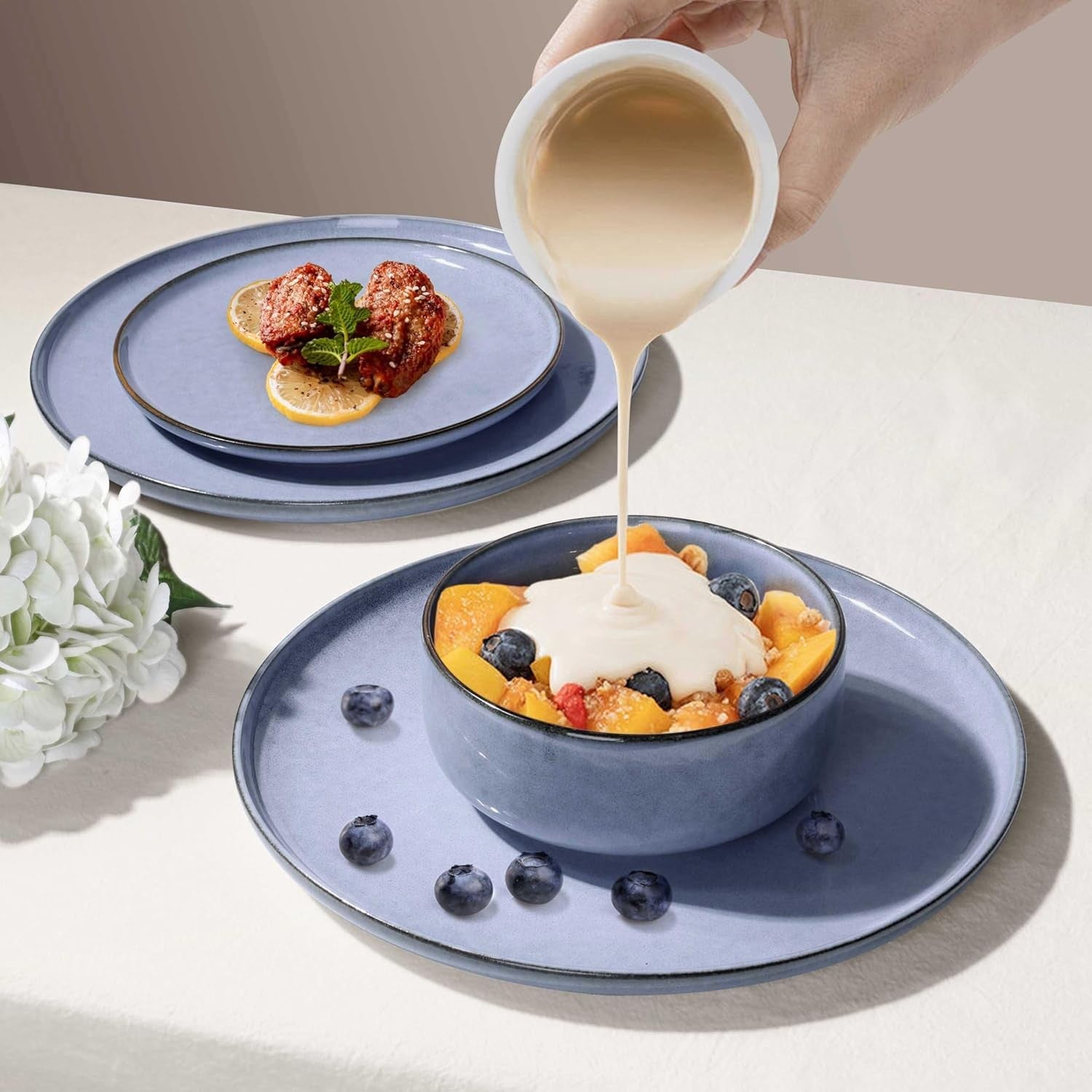 12pc Stoneware Dinner Set Plates Bowls Microwave Dishwasher Safe Blue