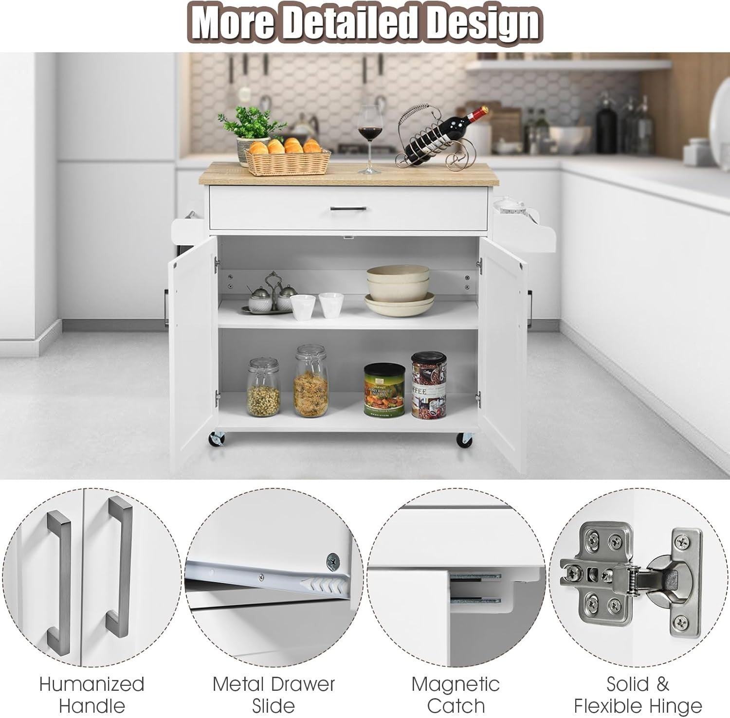 Large Kitchen Island Trolley Drawer Cabinet 116cm White