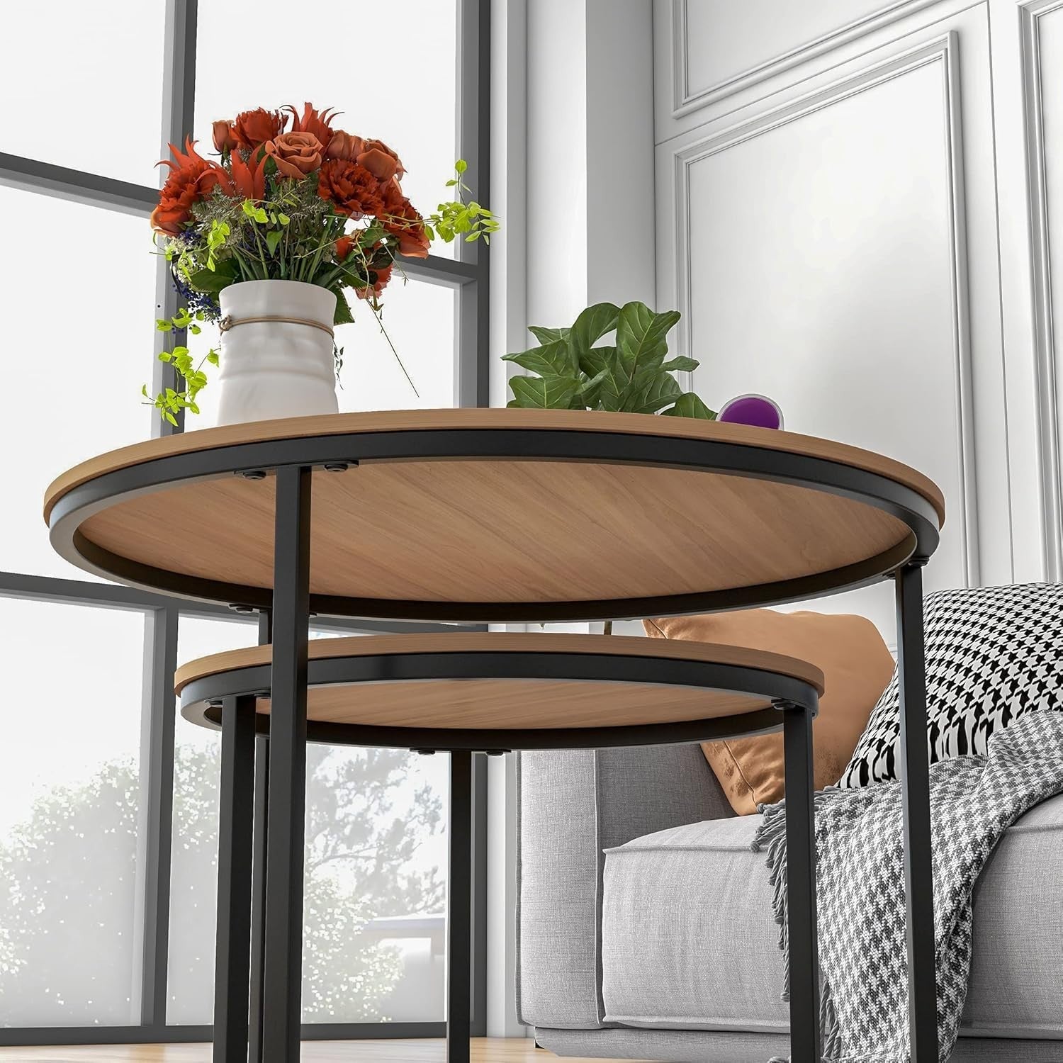 Set of 2 Round Nesting Side Tables Coffee Tea Sofa End Table Black-Oak Portable