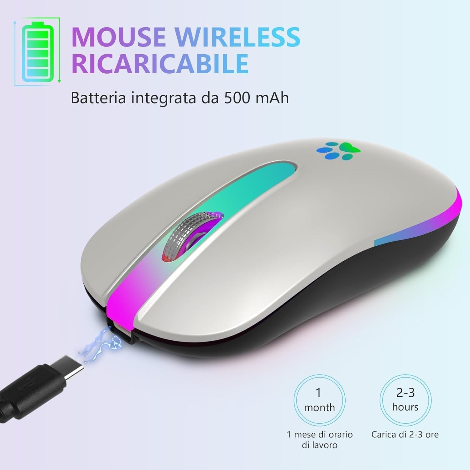 Silver Bluetooth Wireless Mouse 1600 DPI Rechargeable RGB