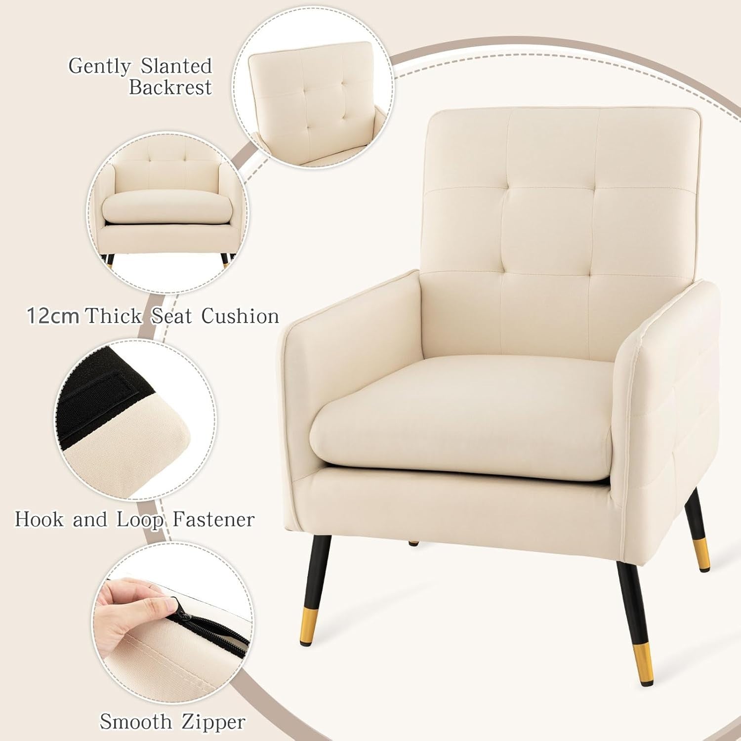 Comfy Modern Tufted Armchair, Linen Upholstered Accent Chair with Metal Legs