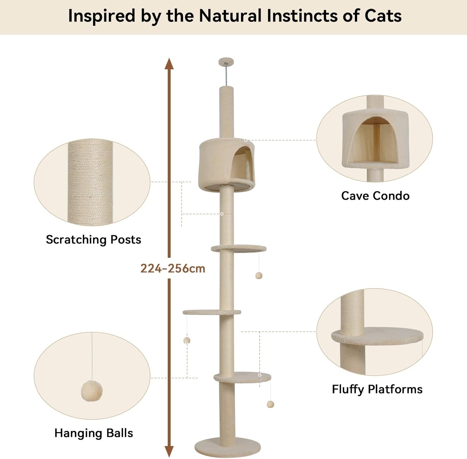 Floor to Ceiling Cat Tree 260cm Tall Adjustable Tower Scratching Post Condo