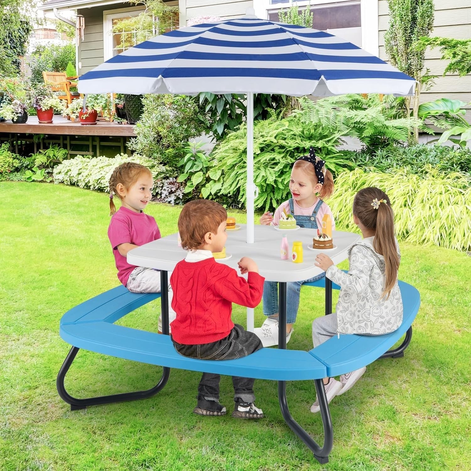 Kids Picnic Table Set 8-Seater with Adjustable Umbrella, Outdoor Garden Fun