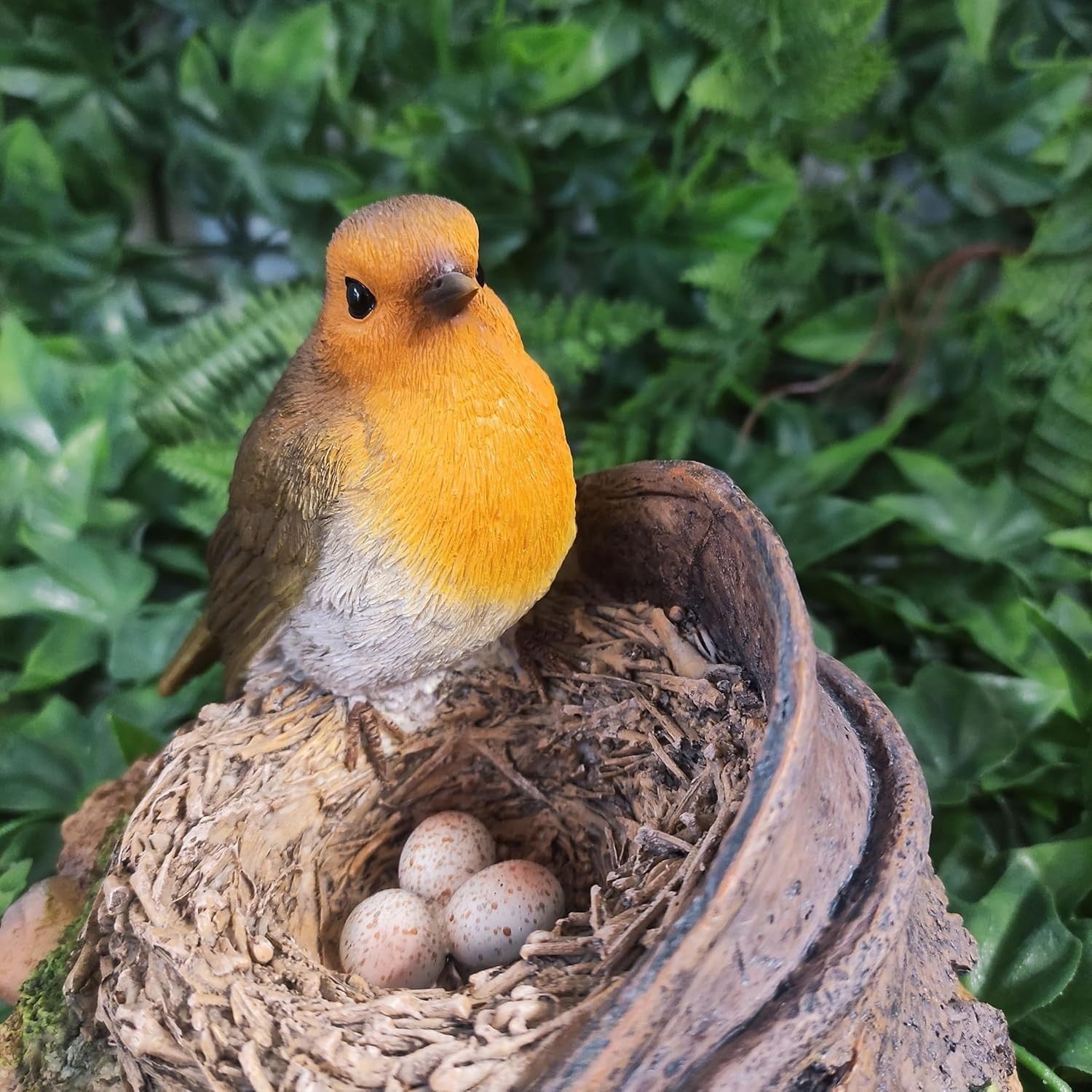Robin Bird Ornament on Nest with Eggs • Realistic Garden Lawn Decor 16cm