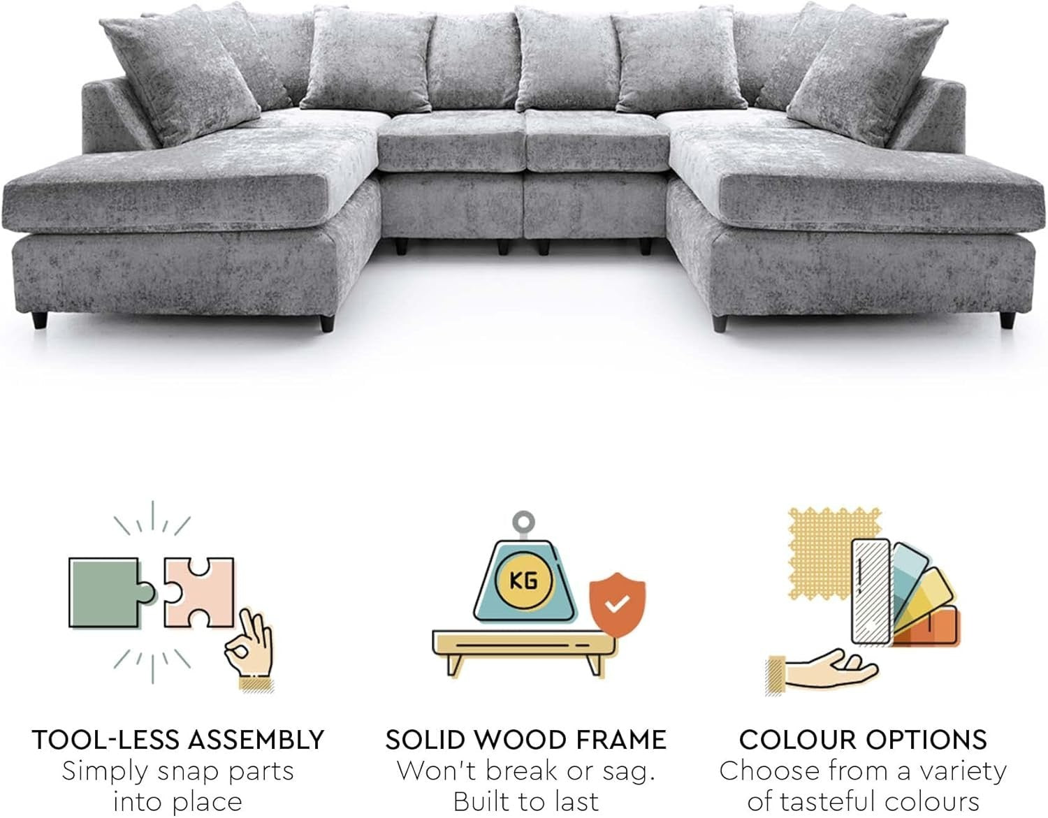 U-Shaped Sofa Light Grey Chenille w/ Cushions + Footstool | 280x164x90cm Modern