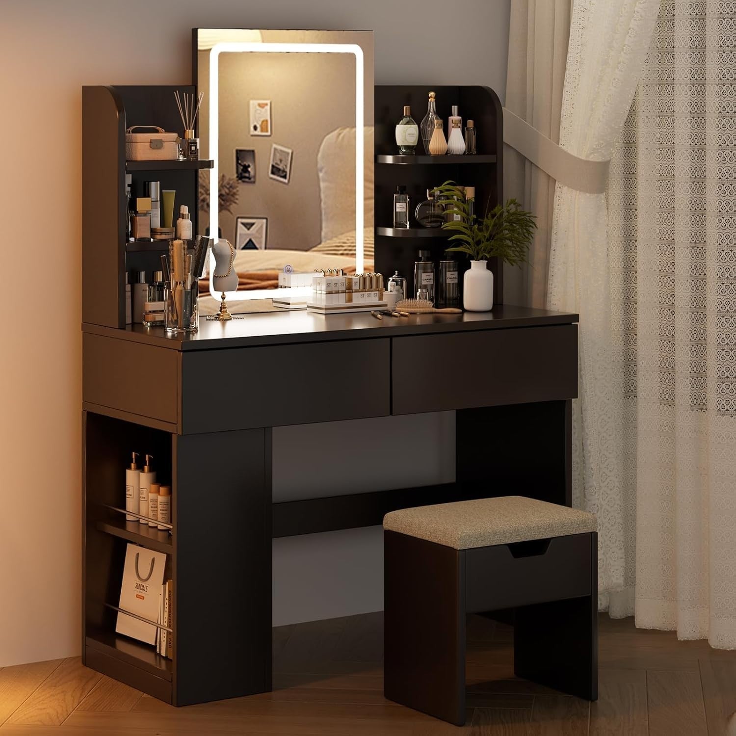 Modern Black Dressing Table Vanity LED Mirror Stool Storage Makeup Desk Wood