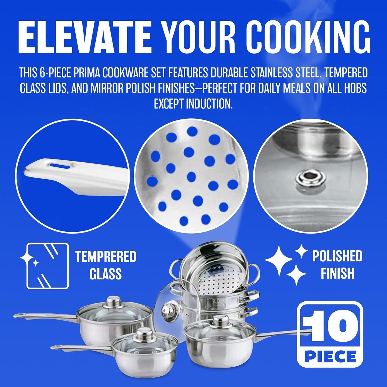 6pcs Stainless Steel Cookware Steamer Pot Set with Glass Lids & Handles