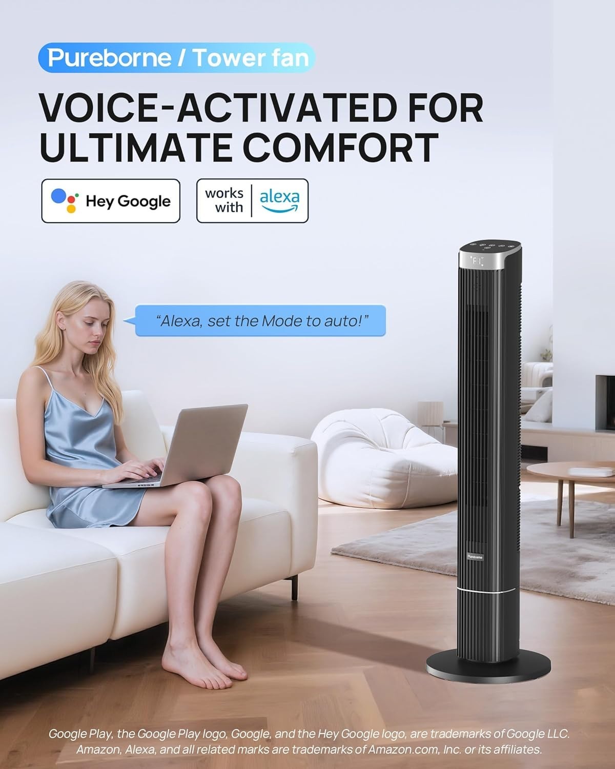 42" Smart Tower Fan with Remote & WiFi App Control 50W Quiet Cooling – Black