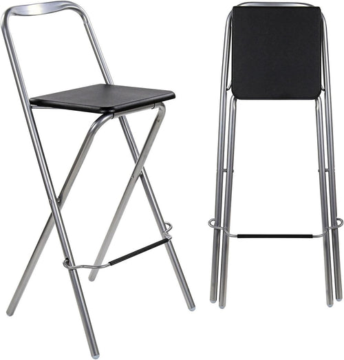 Modern Folding Bar Stool Wooden Seat Metal Frame Space Saving Black