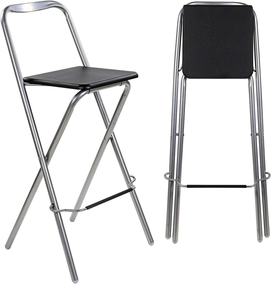 Modern Folding Bar Stool Wooden Seat Metal Frame Space Saving Black