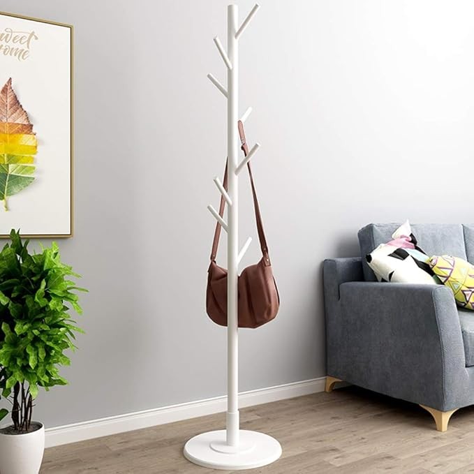 Wooden Standing Coat Rack Tree White Clothes Hanger Organizer for Home Hallway