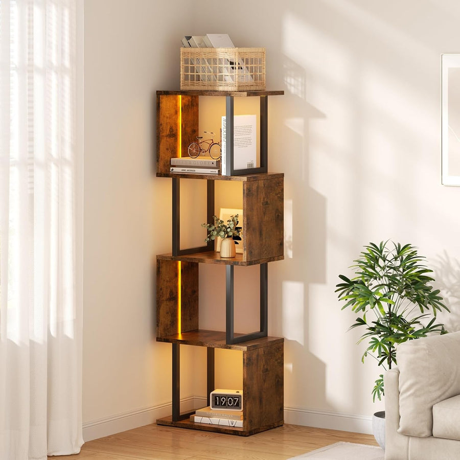 5-Tier S-Shaped Bookcase with LED Lights Rustic Brown Display Storage Shelf Unit