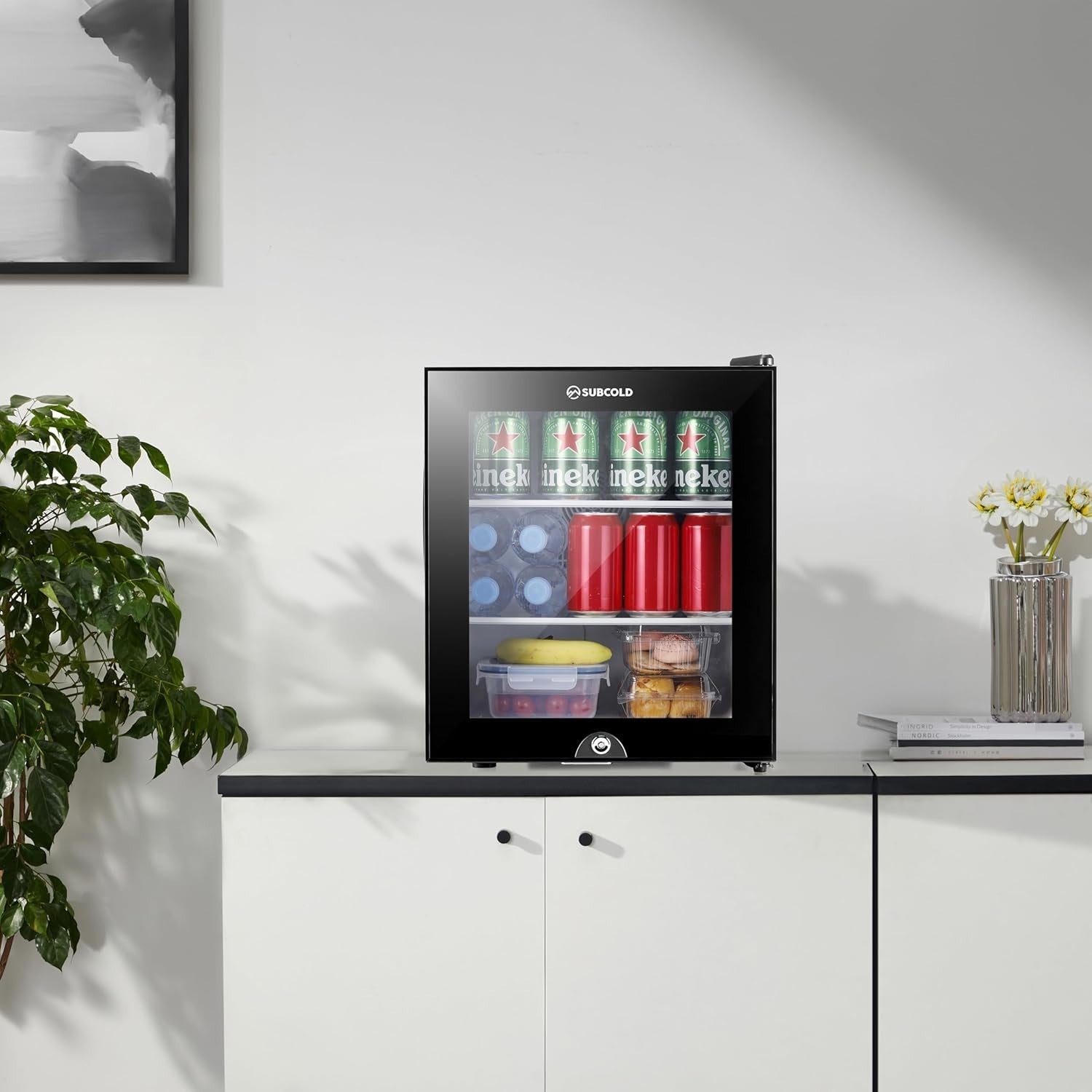 Mini Fridge 30L Compact Table Top Frost-Free LED Glass Door Black