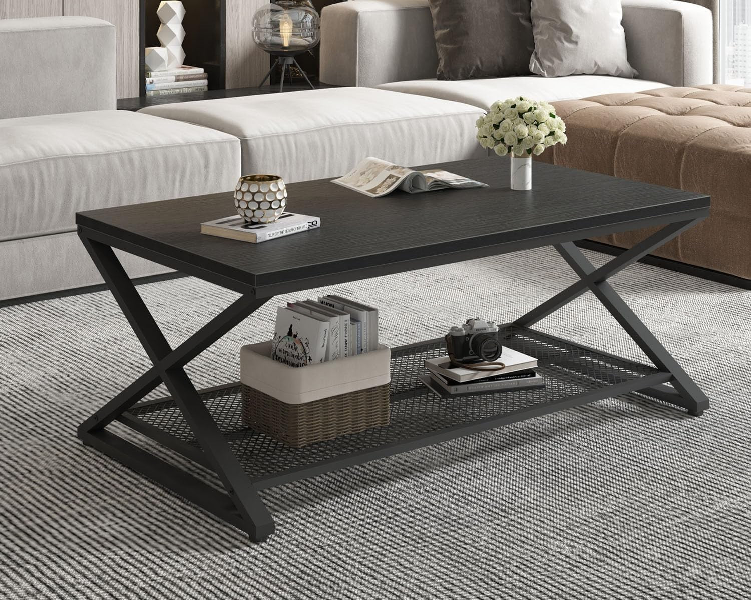Modern Black Coffee Table with Shelf, 2-Tier Metal Frame, 100x60cm