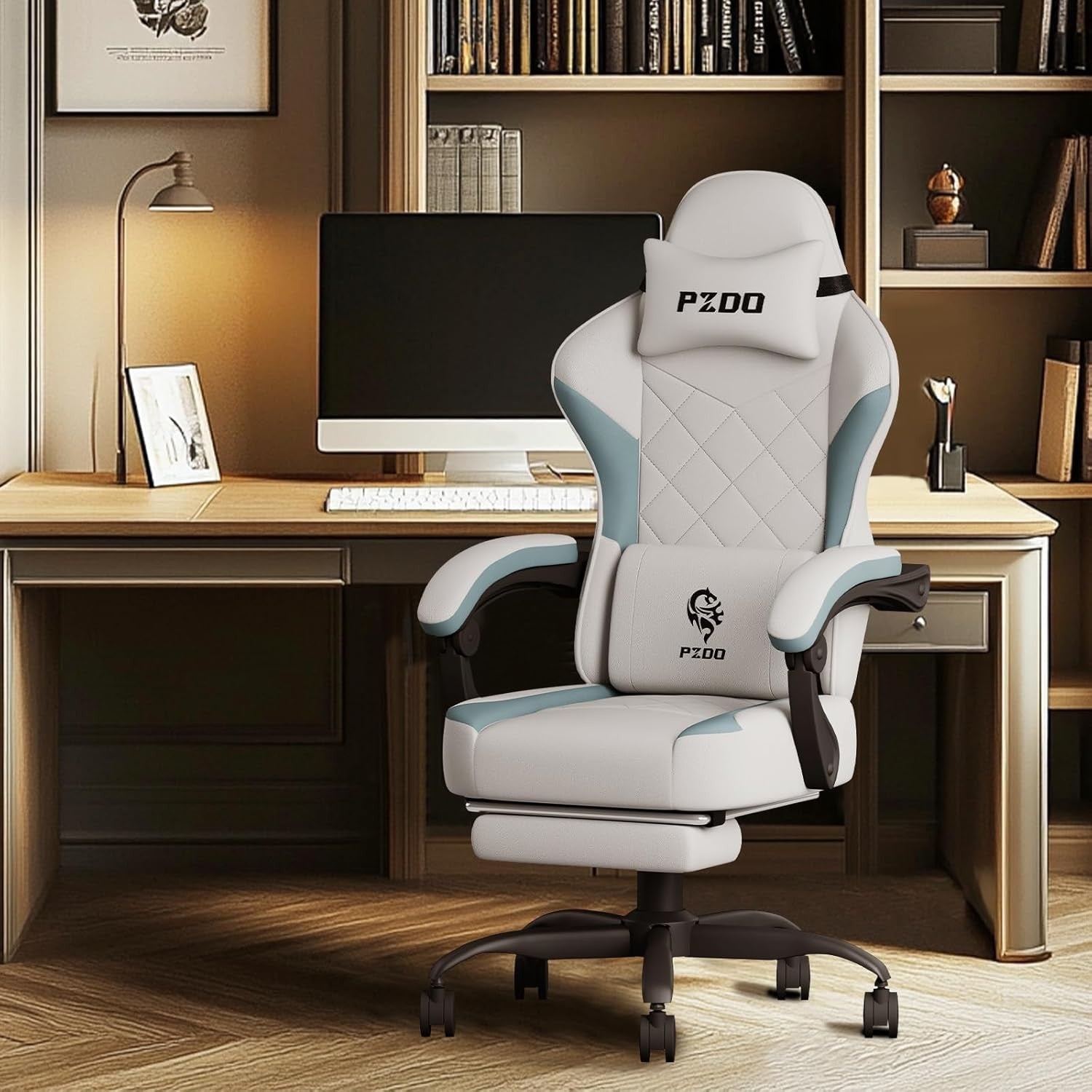 Reclining Office Gaming Chair with Footrest Ergonomic Fabric Grey