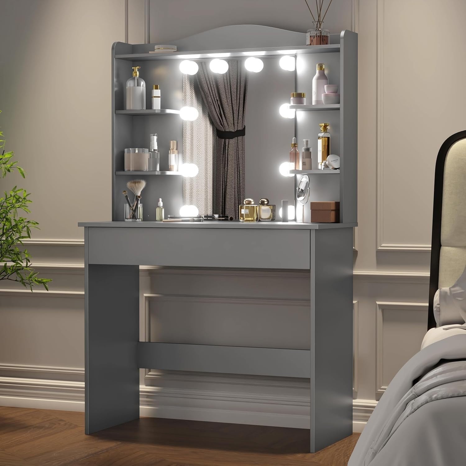 Modern Dressing Table Vanity Set 10 LED Lights Mirror Drawer Shelves Grey Makeup