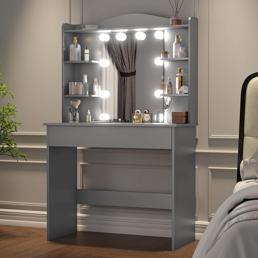 Modern Dressing Table Vanity Set 10 LED Lights Mirror Drawer Shelves Grey Makeup