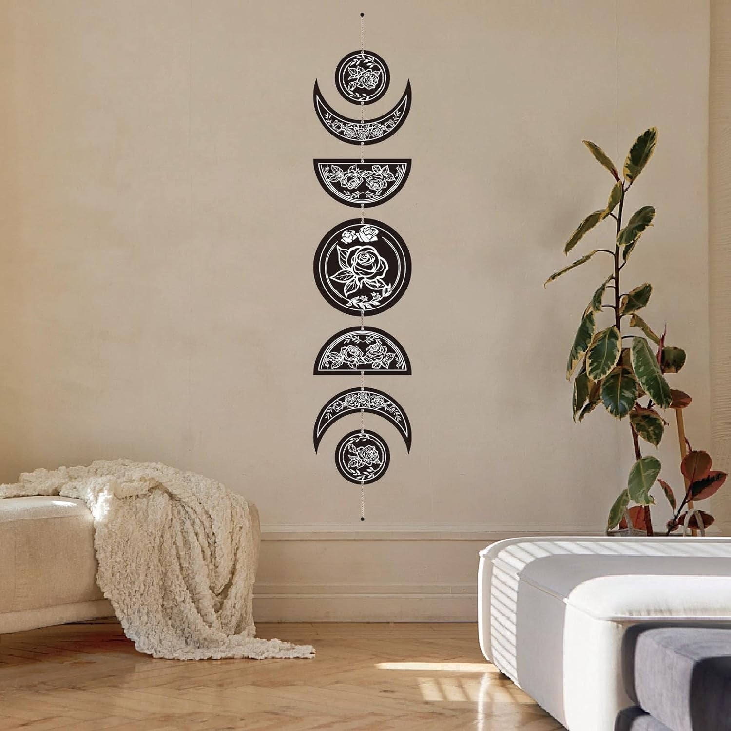 Moon Phase Wall Decor Wooden Boho 7-Piece Rose Flower Art