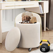 Beige Velvet Round Storage Ottoman Swivel Stool with Backrest & Wheels