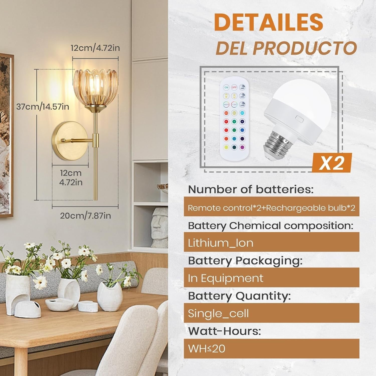 Rechargeable Wall Lights 12 Colors Remote Dimmable Amber Glass 2-Pack